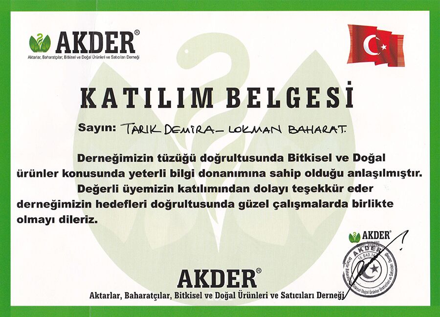AKDER - Aktarlar, Baharatçılar, Bitkisel ve Doğal Ürünleri Satıcıları Derneği Belgesi AKDER - Aktarlar, Baharatçılar, Bitkisel ve Doğal Ürünleri Satıcıları Derneği Belgesi
