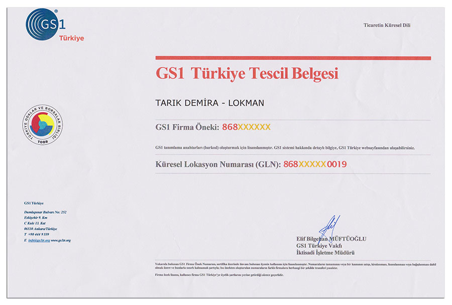 TOBB Türkiye Odalar ve Borsalar Birliği LokmanAVM GS1 Barkod Tescil Belgesi TOBB Türkiye Odalar ve Borsalar Birliği LokmanAVM GS1 Barkod Tescil Belgesi