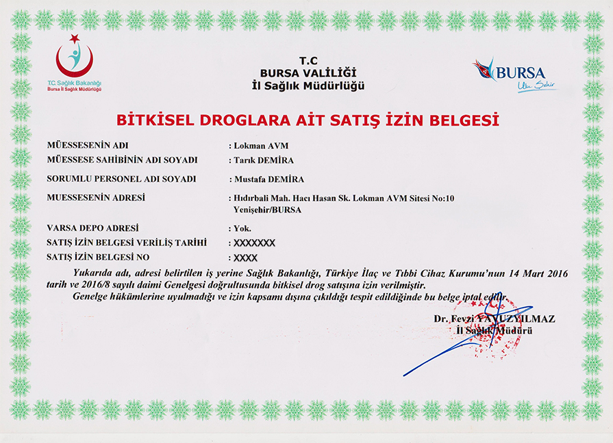 Sağlık Bakanlığı Bitkisel Drog Satışı İzin Belgesi Sağlık Bakanlığı Bitkisel Drog Satışı İzin Belgesi