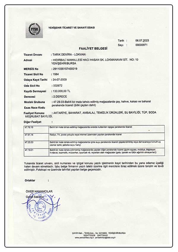 Yenişehir Ticaret ve Sanayi Odası Faaliyet Belgesi Yenişehir Ticaret ve Sanayi Odası Faaliyet Belgesi
