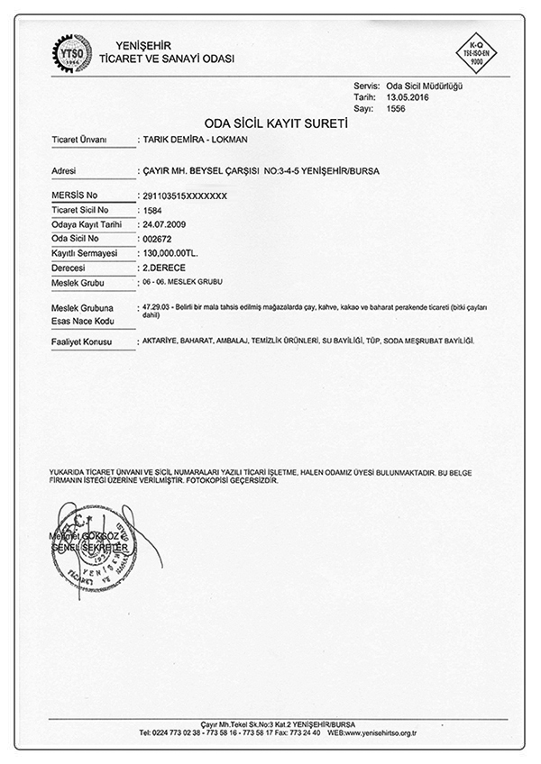 Yenişehir Ticaret ve Sanayi Odası Kayıt Sicil Belgesi Yenişehir Ticaret ve Sanayi Odası Kayıt Sicil Belgesi