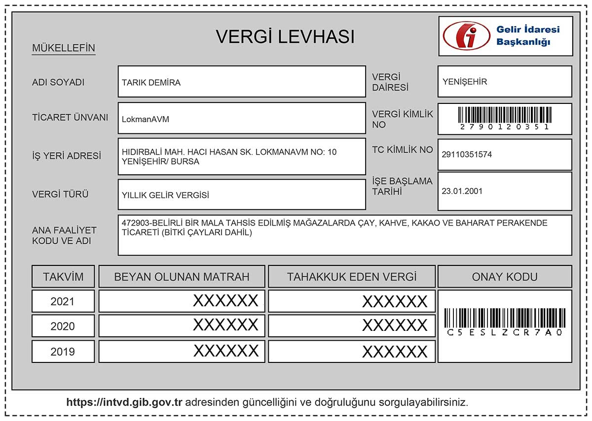 Gelir İdaresi Başkanlığı LokmanAVM Vergi Levhası Gelir İdaresi Başkanlığı LokmanAVM Vergi Levhası