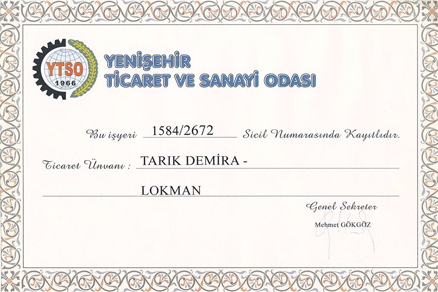 Yenişehir Ticaret ve Sanayi Odası Kayıt Belgesi Yenişehir Ticaret ve Sanayi Odası Kayıt Belgesi