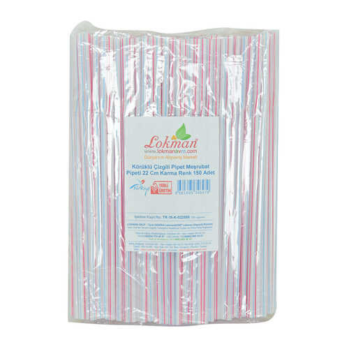 Körüklü Çizgili Pipet Ayran Kola Meşrubat Pipeti 22 Cm Karma Renk 150 Adet Paket - 1