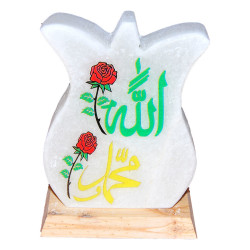 Lale Desenli Allah Muhammed Lafzı Logolu Doğal Kaya Tuzu Lambası Kablolu Ampullü Beyaz 2-3 Kg (1)