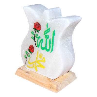 Lale Desenli Allah Muhammed Lafzı Logolu Doğal Kaya Tuzu Lambası Kablolu Ampullü Beyaz 2-3 Kg - 3