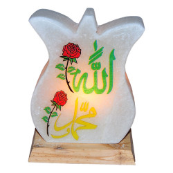 Lale Desenli Allah Muhammed Lafzı Logolu Doğal Kaya Tuzu Lambası Kablolu Ampullü Beyaz 2-3 Kg - 5
