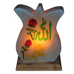 Lale Desenli Allah Muhammed Lafzı Logolu Doğal Kaya Tuzu Lambası Kablolu Ampullü Beyaz 2-3 Kg