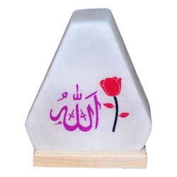 Üçgen Desenli Allah Lafzı Logolu Doğal Kaya Tuzu Lambası Kablolu Ampullü Beyaz 2-3 Kg (1)