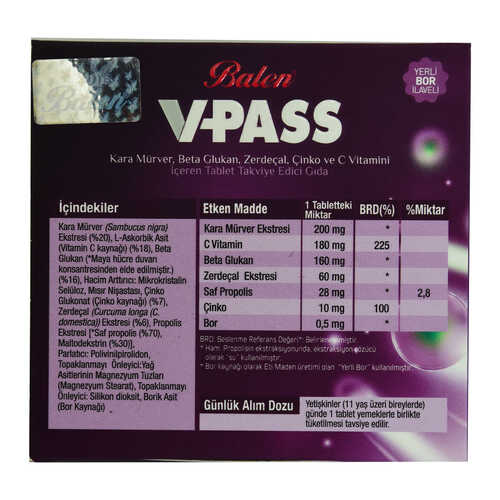 V-Pass Kara Mürverli Zerdeçallı Çinko ve C Vitaminli 1000 Mg X 30 Tablet - 3